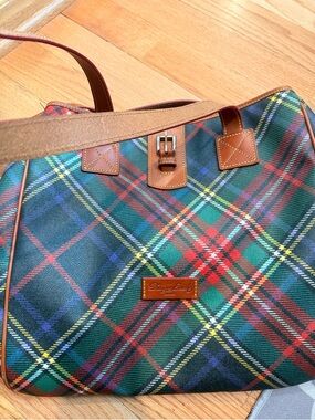Dooney & Bourke Green Red Plaid Tote with Brown Trim